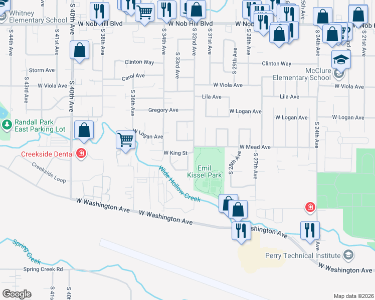 map of restaurants, bars, coffee shops, grocery stores, and more near 3205 West King Street in Yakima