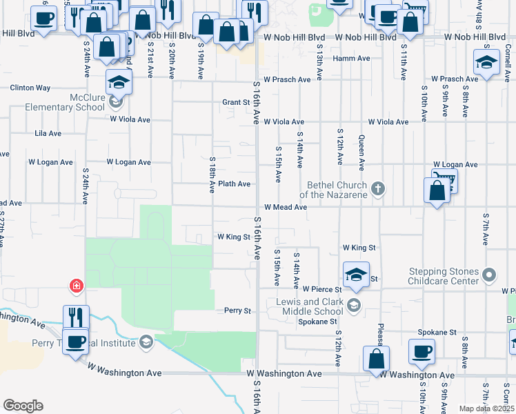 map of restaurants, bars, coffee shops, grocery stores, and more near S 16th Ave & W Mead Ave in Yakima
