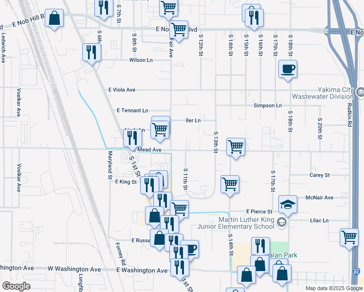 map of restaurants, bars, coffee shops, grocery stores, and more near 1107 East Mead Avenue in Yakima