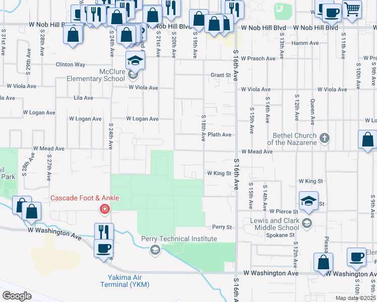 map of restaurants, bars, coffee shops, grocery stores, and more near 1806 West Mead Avenue in Yakima