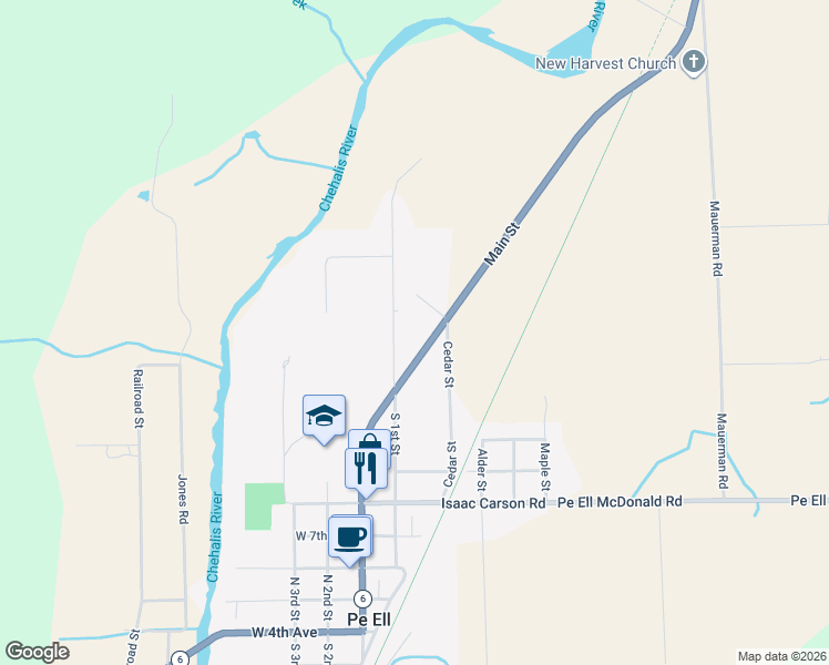 map of restaurants, bars, coffee shops, grocery stores, and more near 1090 1st Street in Pe Ell