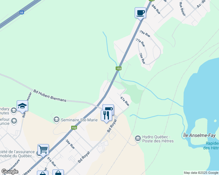 map of restaurants, bars, coffee shops, grocery stores, and more near Boulevard des Hêtres in Shawinigan