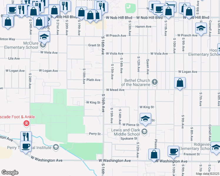 map of restaurants, bars, coffee shops, grocery stores, and more near 1418 South 15th Avenue in Yakima