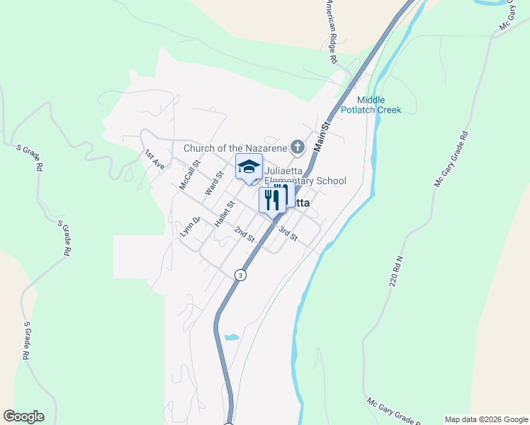 map of restaurants, bars, coffee shops, grocery stores, and more near 208 3rd Street in Juliaetta
