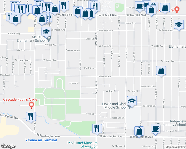 map of restaurants, bars, coffee shops, grocery stores, and more near 1603 W Mead Ave in Yakima