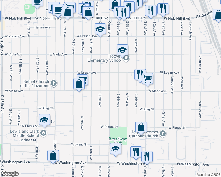 map of restaurants, bars, coffee shops, grocery stores, and more near 611 West Mead Avenue in Yakima