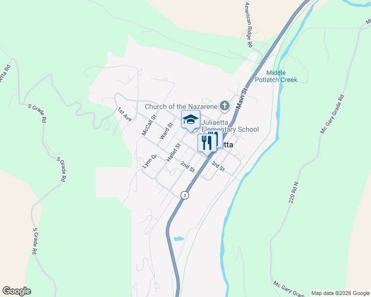 map of restaurants, bars, coffee shops, grocery stores, and more near 306 2nd Street in Juliaetta