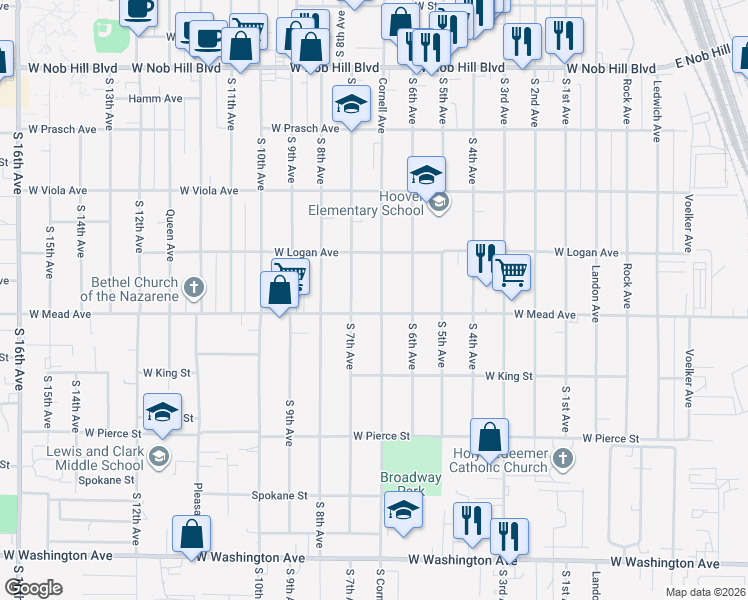 map of restaurants, bars, coffee shops, grocery stores, and more near 611 West Mead Avenue in Yakima