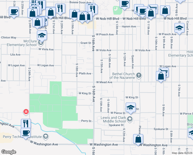 map of restaurants, bars, coffee shops, grocery stores, and more near 1418 South 15th Avenue in Yakima