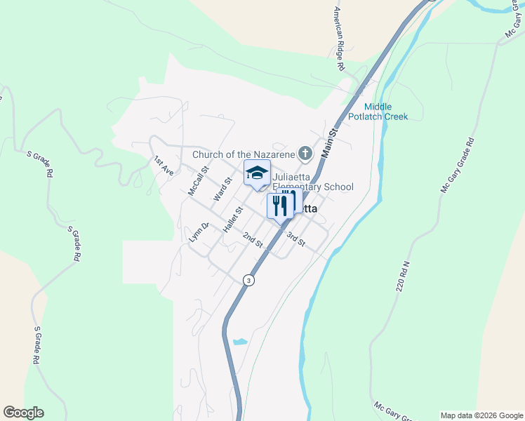 map of restaurants, bars, coffee shops, grocery stores, and more near 208 3rd Street in Juliaetta