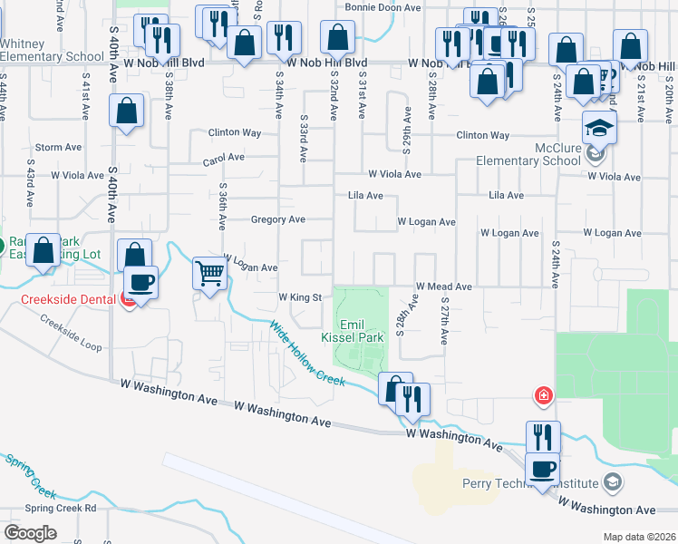 map of restaurants, bars, coffee shops, grocery stores, and more near 3205 West King Street in Yakima