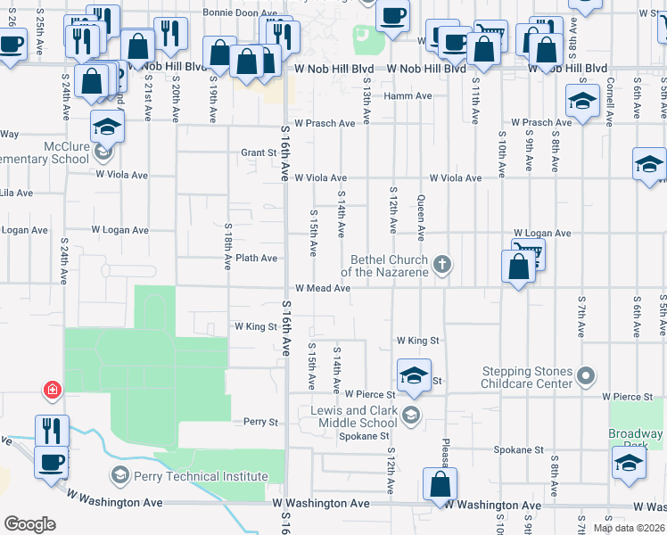 map of restaurants, bars, coffee shops, grocery stores, and more near in Yakima