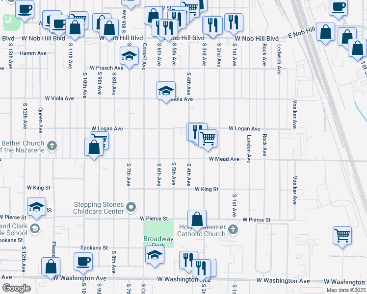 map of restaurants, bars, coffee shops, grocery stores, and more near 1414 South 4th Avenue in Yakima