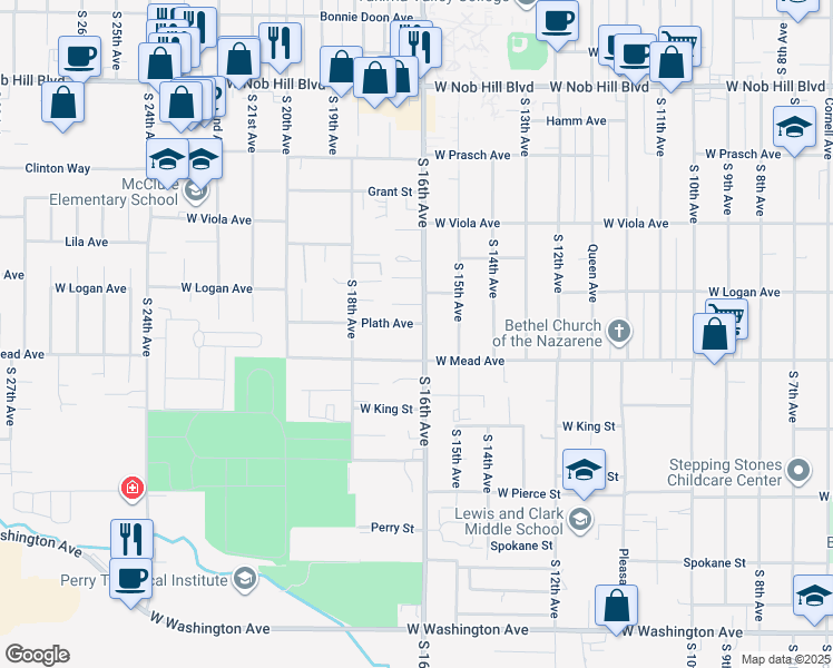 map of restaurants, bars, coffee shops, grocery stores, and more near 1603 West Mead Avenue in Yakima