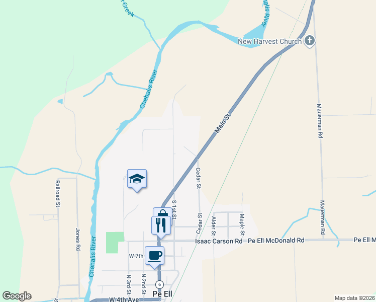 map of restaurants, bars, coffee shops, grocery stores, and more near 1090 North 1st Street in Pe Ell