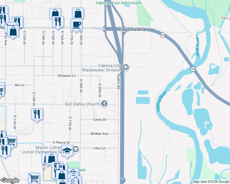 map of restaurants, bars, coffee shops, grocery stores, and more near 1618 Rudkin Road in Yakima