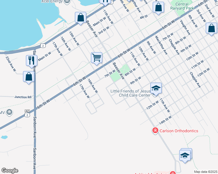 map of restaurants, bars, coffee shops, grocery stores, and more near 715 14th Avenue West in Ashland