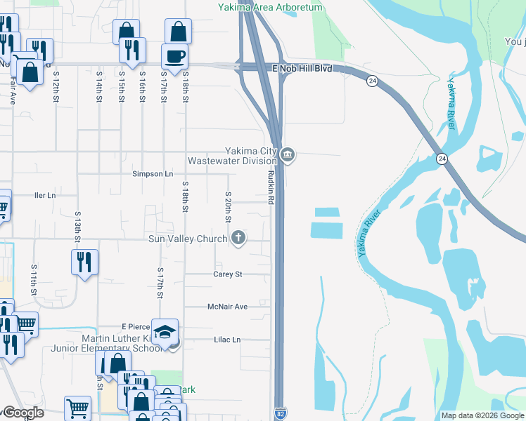 map of restaurants, bars, coffee shops, grocery stores, and more near 1618 Rudkin Road in Yakima