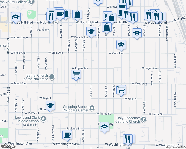 map of restaurants, bars, coffee shops, grocery stores, and more near 1403 S 7th Ave in Yakima