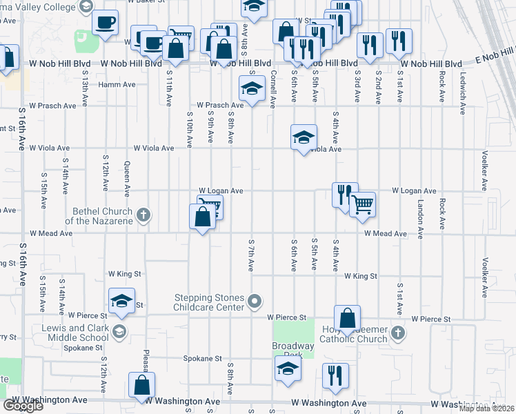 map of restaurants, bars, coffee shops, grocery stores, and more near 1403 S 7th Ave in Yakima