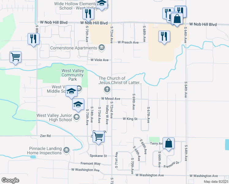 map of restaurants, bars, coffee shops, grocery stores, and more near 1317 South 72nd Avenue in Yakima
