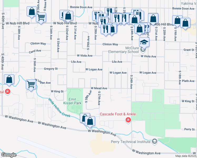 map of restaurants, bars, coffee shops, grocery stores, and more near 1417 South 27th Avenue in Yakima