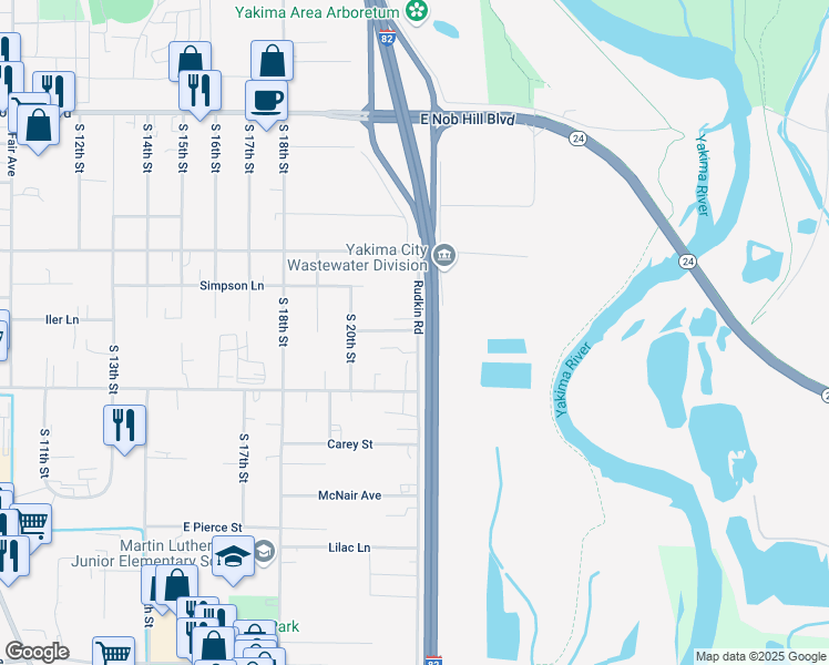 map of restaurants, bars, coffee shops, grocery stores, and more near 1618 Rudkin Road in Yakima