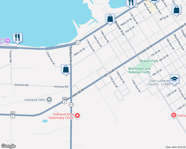 map of restaurants, bars, coffee shops, grocery stores, and more near 500 19th Avenue West in Ashland