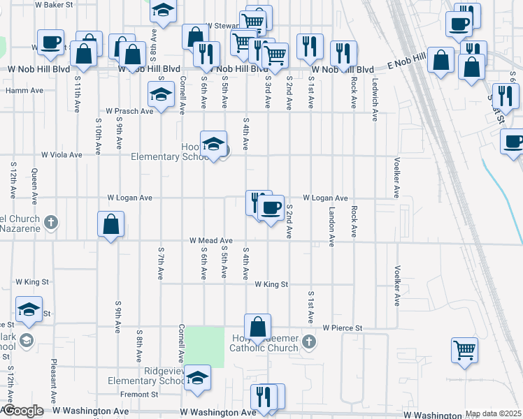 map of restaurants, bars, coffee shops, grocery stores, and more near 1406 South 3rd Avenue in Yakima