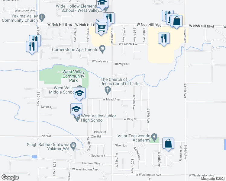 map of restaurants, bars, coffee shops, grocery stores, and more near 7204 Willow Place in Yakima