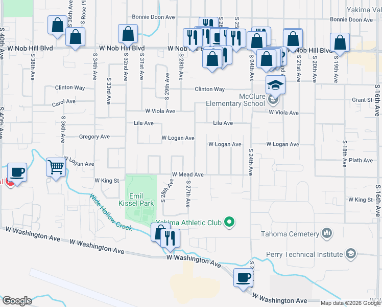 map of restaurants, bars, coffee shops, grocery stores, and more near 1416 Karr Avenue in Yakima