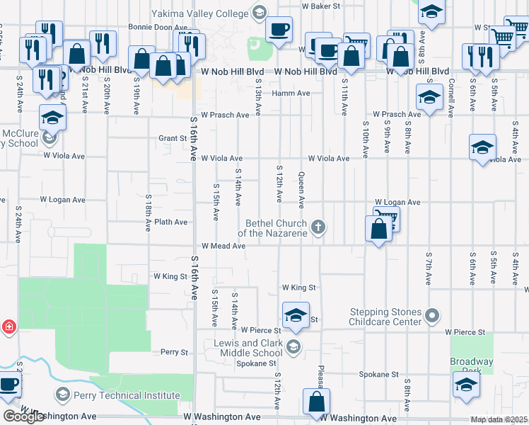 map of restaurants, bars, coffee shops, grocery stores, and more near 1404 South 13th Avenue in Yakima
