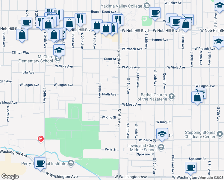 map of restaurants, bars, coffee shops, grocery stores, and more near 1402 South 16th Avenue in Yakima