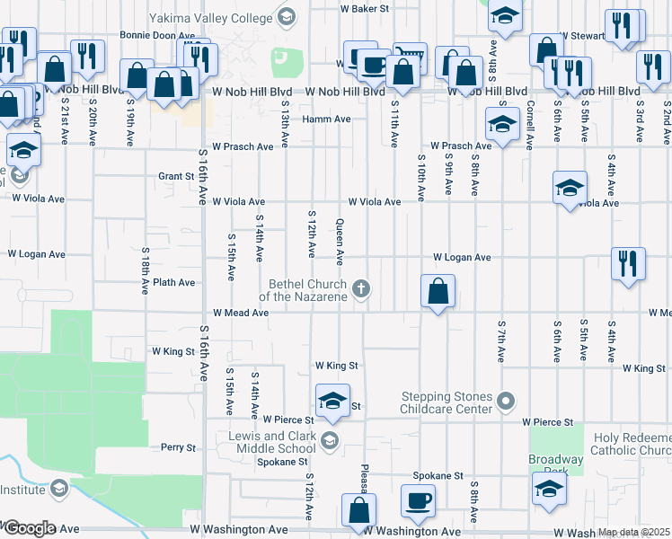 map of restaurants, bars, coffee shops, grocery stores, and more near 1403 Queen Avenue in Yakima