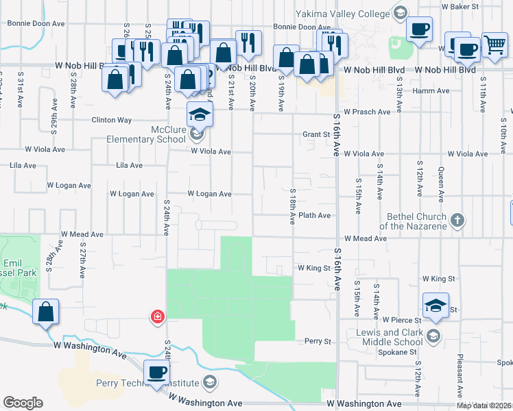 map of restaurants, bars, coffee shops, grocery stores, and more near 1405 South 20th Avenue in Yakima
