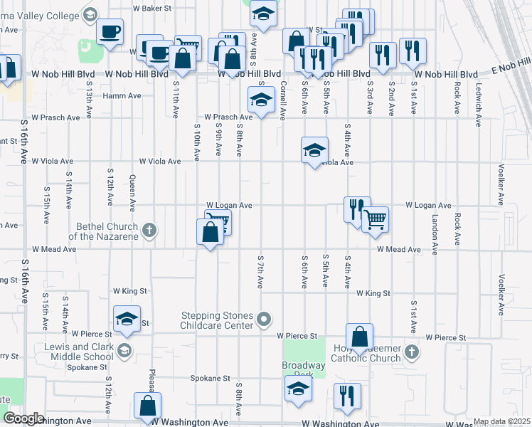 map of restaurants, bars, coffee shops, grocery stores, and more near 1403 South 7th Avenue in Yakima