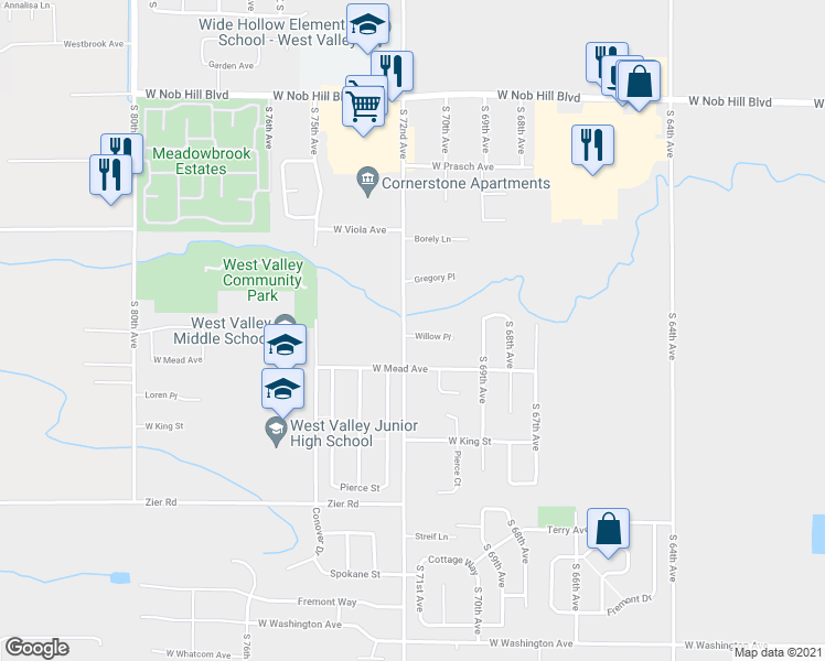 map of restaurants, bars, coffee shops, grocery stores, and more near 1317 South 72nd Avenue in Yakima