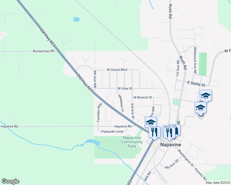 map of restaurants, bars, coffee shops, grocery stores, and more near 459 Meadow Lane in Chehalis