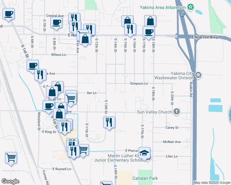 map of restaurants, bars, coffee shops, grocery stores, and more near 1698 S 14th St in Yakima
