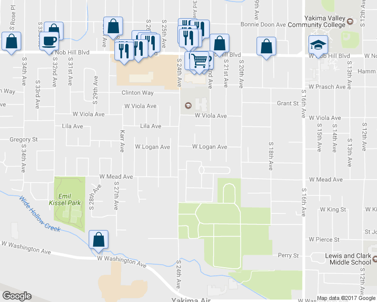 map of restaurants, bars, coffee shops, grocery stores, and more near 2303 West Logan Avenue in Yakima
