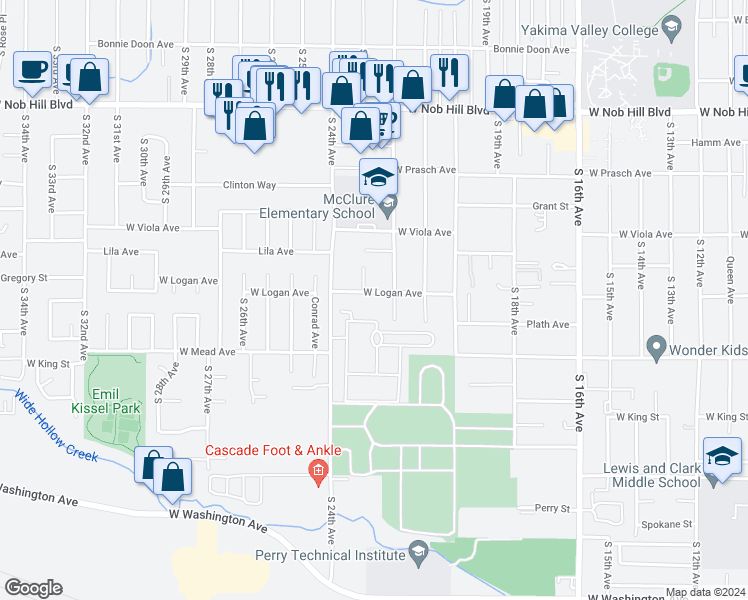 map of restaurants, bars, coffee shops, grocery stores, and more near 2202 West Logan Avenue in Yakima