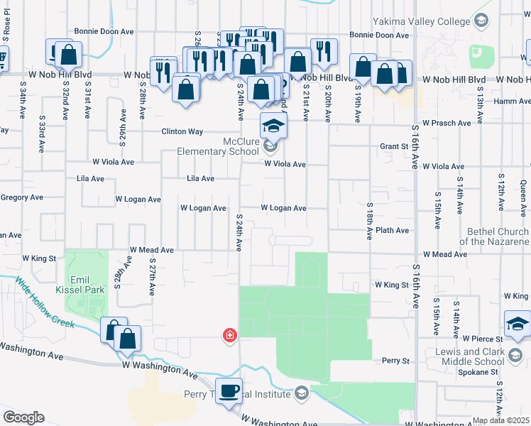 map of restaurants, bars, coffee shops, grocery stores, and more near 2303 West Logan Avenue in Yakima