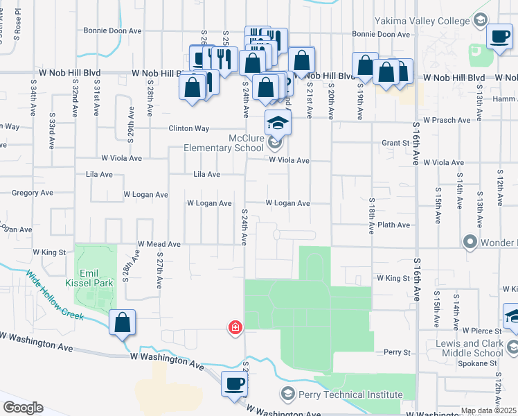 map of restaurants, bars, coffee shops, grocery stores, and more near 2303 West Logan Avenue in Yakima