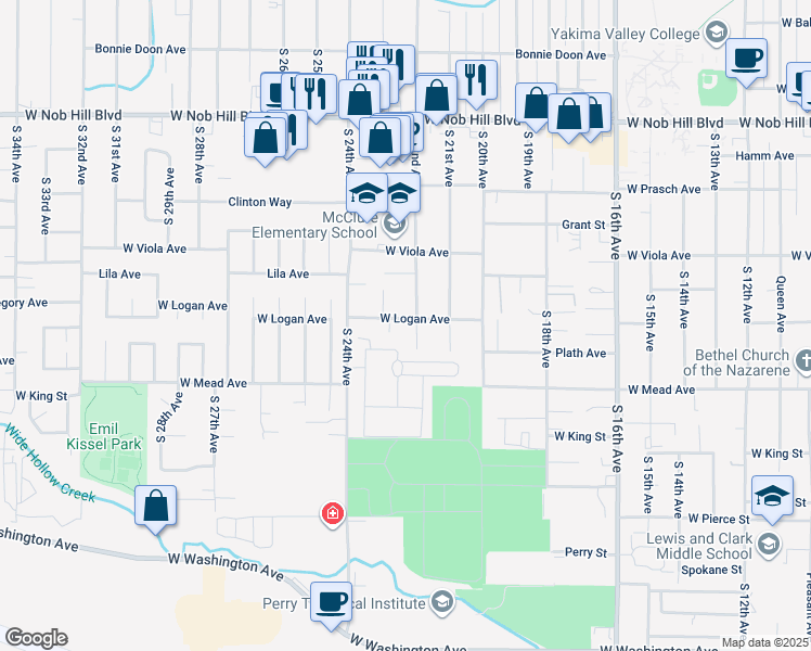 map of restaurants, bars, coffee shops, grocery stores, and more near 2202 West Logan Avenue in Yakima