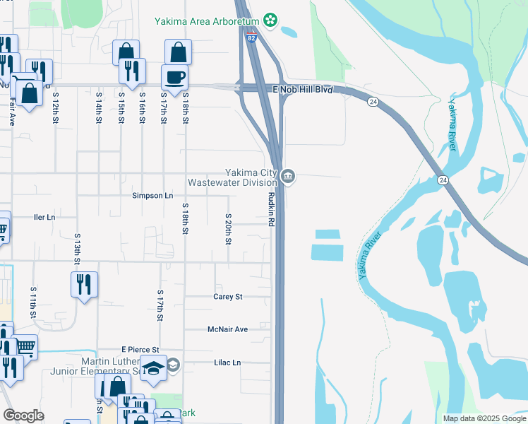 map of restaurants, bars, coffee shops, grocery stores, and more near 1618 Rudkin Road in Yakima