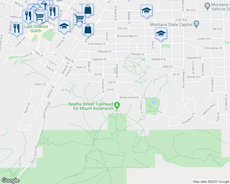 map of restaurants, bars, coffee shops, grocery stores, and more near 635 1st Street in Helena