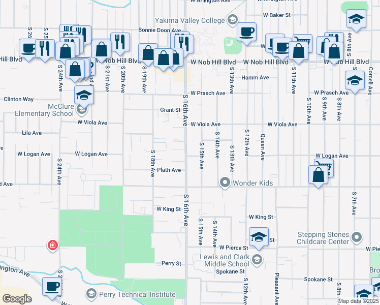 map of restaurants, bars, coffee shops, grocery stores, and more near 1509 West Logan Avenue in Yakima