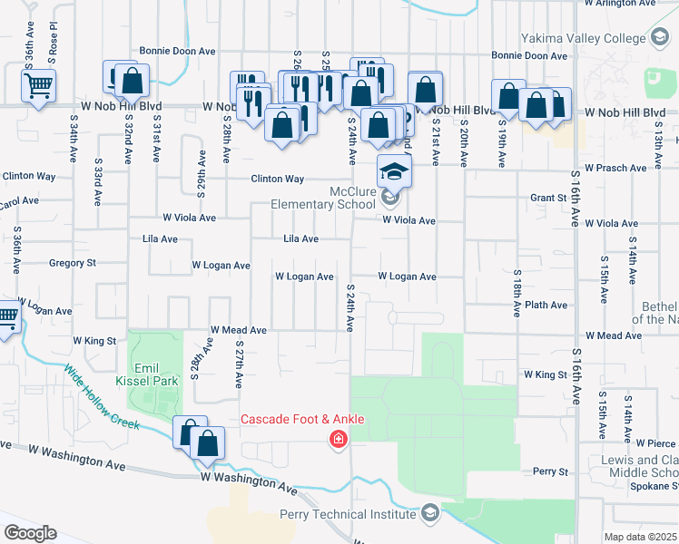 map of restaurants, bars, coffee shops, grocery stores, and more near 1407 Conrad Avenue in Yakima