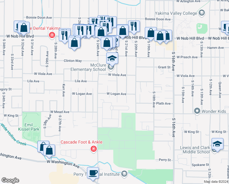map of restaurants, bars, coffee shops, grocery stores, and more near 2201 West Logan Avenue in Yakima
