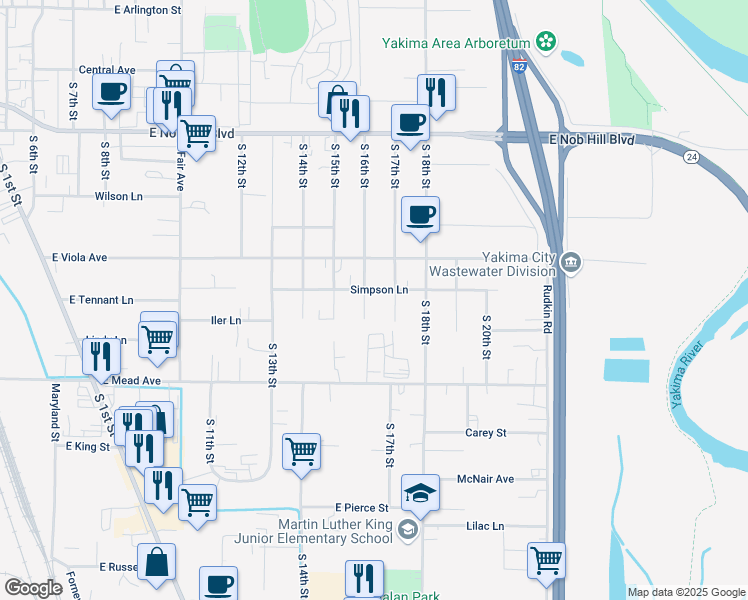 map of restaurants, bars, coffee shops, grocery stores, and more near 1623 South 16th Street in Yakima